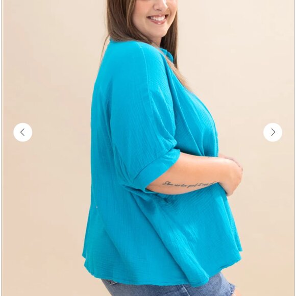 Zenana Double Gauze 3/4 Sleeve Button-Down Top – Dusty Teal - Picture 3 of 9